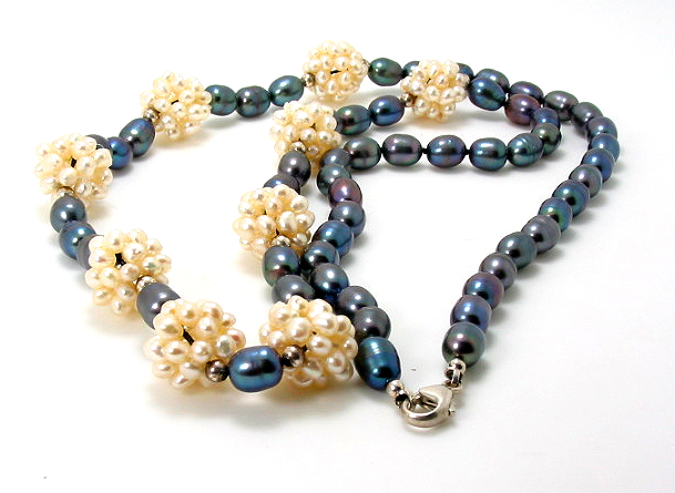 6X8MM Black & White Freshwater Pearl Necklace Silver Clasp  24in