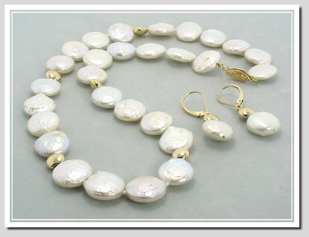 12-13MM White Coin Pearl Necklace 16in /Earrings Set, 14K Gold. 