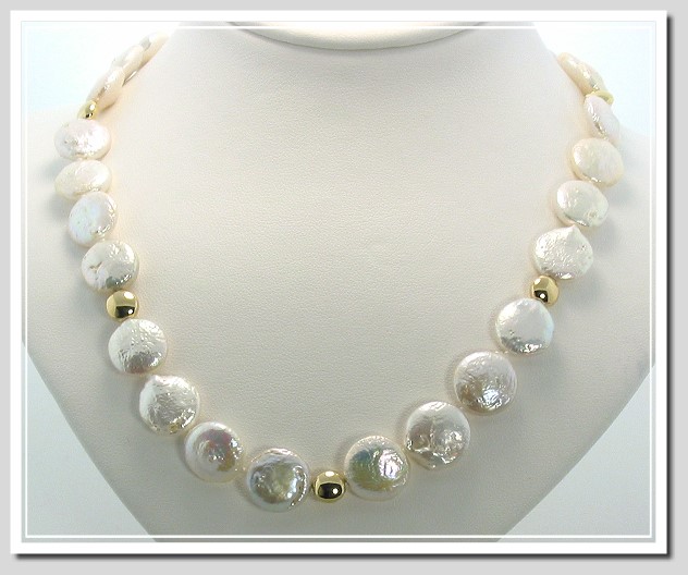 12-13MM White Coin Pearl Necklace 16in /Earrings Set, 14K Gold. 