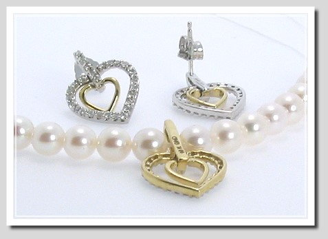 Akoya Pearl Diamond Heart Earrings Necklace Set 0.75Ct. 14K Gold 16in.