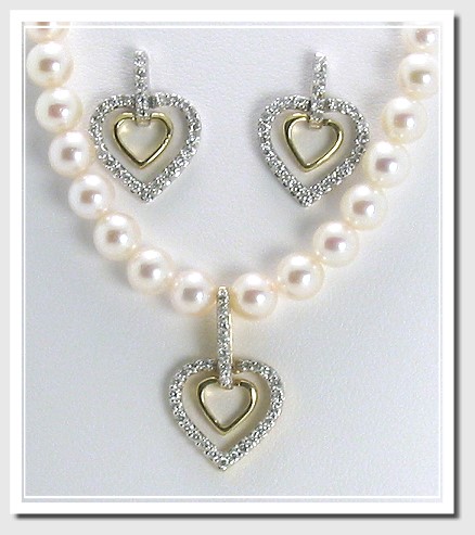 Akoya Pearl Diamond Heart Earrings Necklace Set 0.75Ct. 14K Gold 18in.