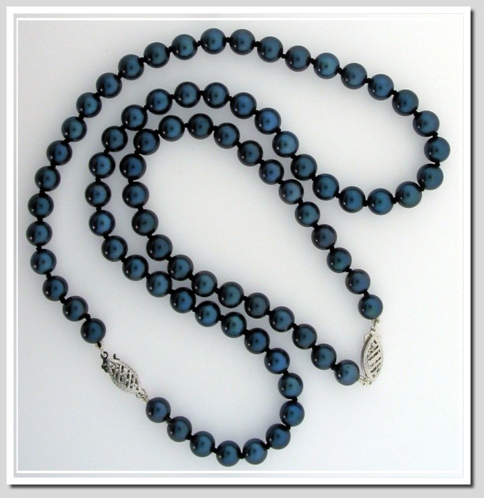 AA+ 6-6.5MM Black Chinese Akoya Cultured Pearl Necklace Bracelet Set 14K White Gold Clasp 16in 7in.