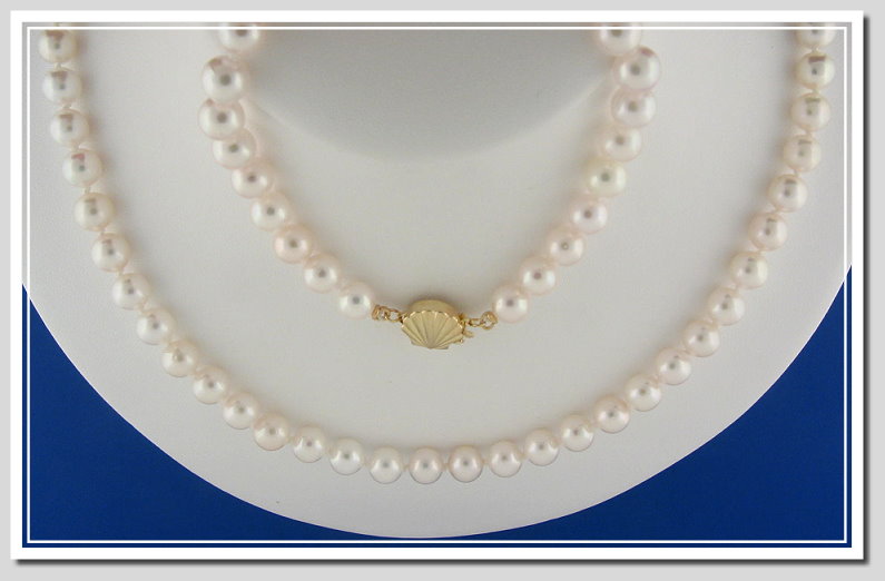 AA Grade 6.5-7MM Akoya Cultured Pearl Necklace Bracelet Set 14K Seashell Clasp, 18+8 In.