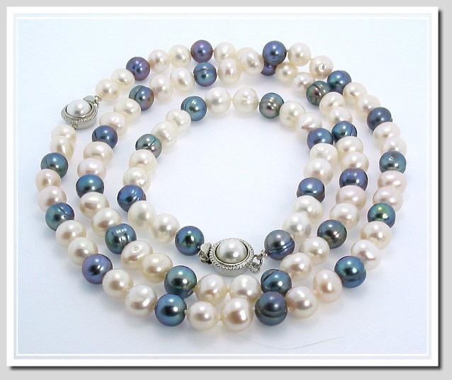 7-7.5MM Black/White Freshwater Pearl Necklace Bracelet 26/8in.