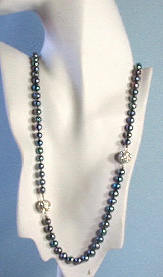 8-8.5MM Black Freshwater Pearl Necklace 26in and Bracelet 8in Set Crystal Ball Clasps