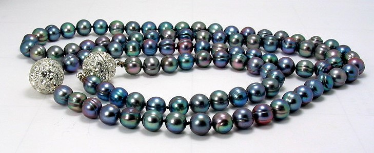 8-8.5MM Black Freshwater Pearl Necklace 26in and Bracelet 8in Set Crystal Ball Clasps