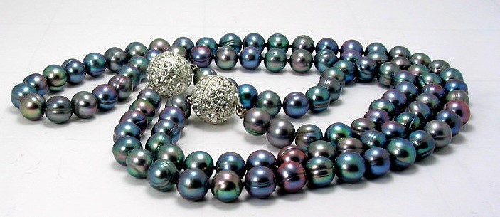 8-8.5MM Black Freshwater Pearl Necklace 26in and Bracelet 8in Set Crystal Ball Clasps