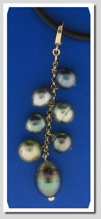 Multi Color Tahitian Pearl Lariat Pendant on Black Robber Chain, 14K Yellow Gold, 16+3 In.