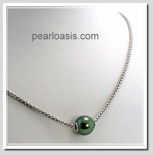 9.52MM Peacock Tahitian Pearl Slide Necklace Sterling Silver 18in