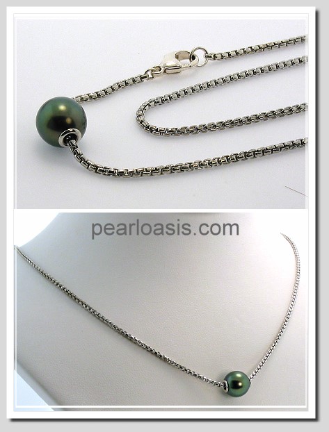 9.52MM Peacock Tahitian Pearl Slide Necklace Sterling Silver 18in