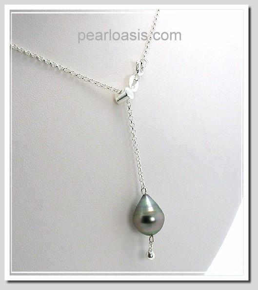 10X13MM Gray Tahitian Pearl Lariat Necklace Sterling Silver Adjustable, 22in 