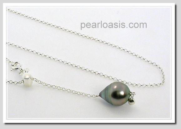 10X13MM Gray Tahitian Pearl Lariat Necklace Sterling Silver Adjustable, 22in 