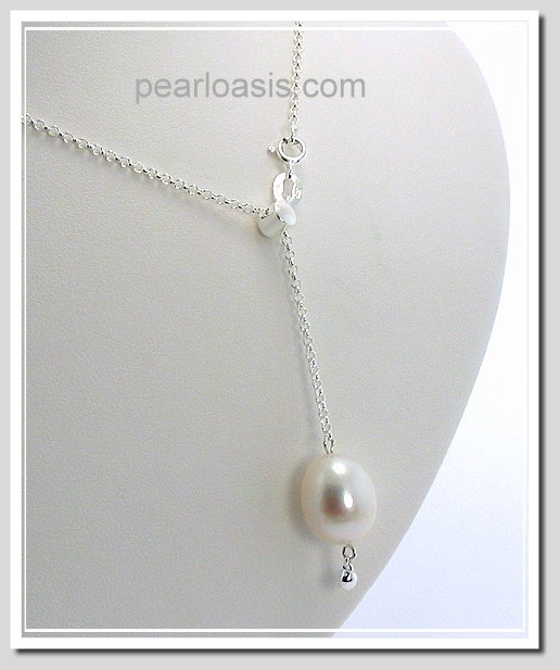 10X12MM White Freshwater Pearl Lariat Necklace Sterling Silver Adjustable, 22in 