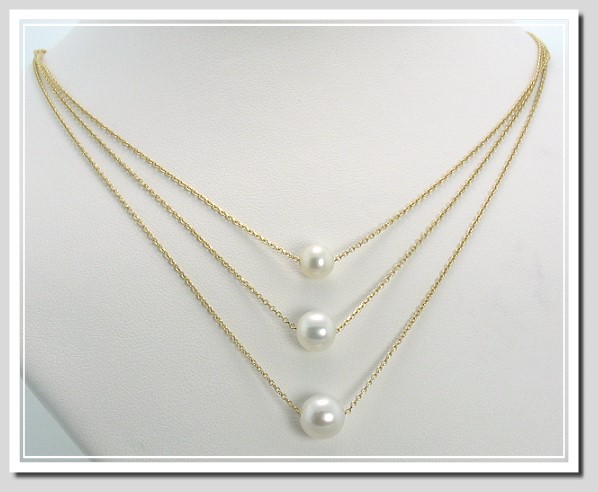 6.8MM to 8.4MM Tri-Strand Cultured Pearl Flow Necklace, 14K Gold, 16 + 17 + 18 Inches