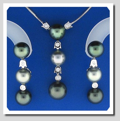 Triple Tahitian Pearl Lariat Necklace/Earrings Set, Total Diamonds 0.32, 18K White Gold