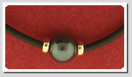 10MM Swarovski Simulated Black Tahitian Pearl Solitary Necklace, Black Rubber Chain, 14K Yellow Gold, 18 In. Unisex