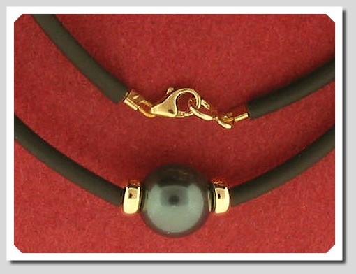 10MM Swarovski Simulated Black Tahitian Pearl Solitary Necklace, Black Rubber Chain, 14K Yellow Gold, 18 In. Unisex