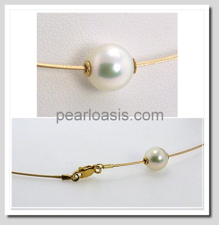 8MM Akoya Pearl Floater Necklace 14K Gold Cable Chain 18in.