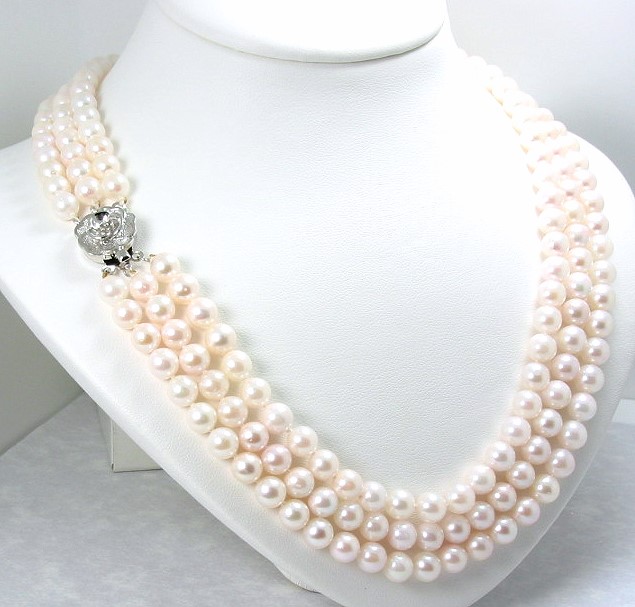 AA 6-6.5MM Triple Strand White Chinese Akoya Pearl Necklace; Silver Clasp; 16+17+18in
