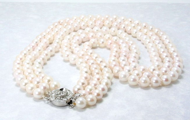 AA 6-6.5MM Triple Strand White Chinese Akoya Pearl Necklace; Silver Clasp; 16+17+18in