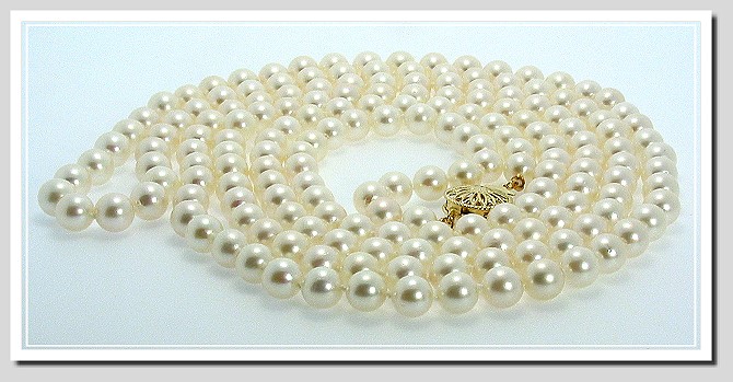 AA Grade 6.5-7MM Chinese Akoya Cultured Pearl Necklace w/14K Yellow Gold Clasp, 52 In. 