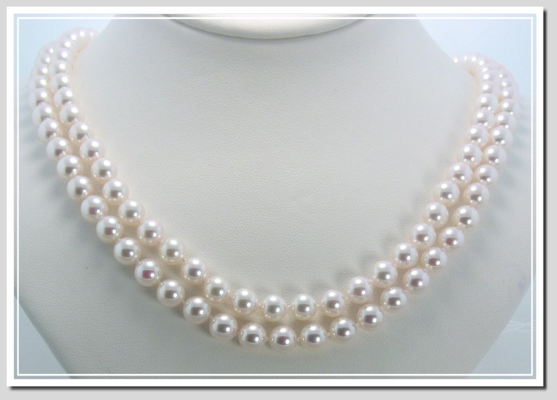 2 Str. AA+ 6.5-7MM Akoya Cultured Pearl Necklace 14K Yellow Clasp 16+17in.