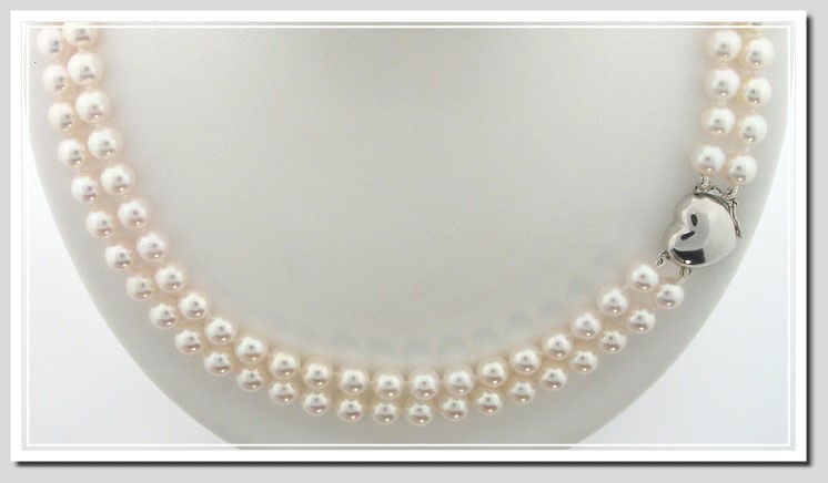 AA 7-7.5MM Akoya Chinese Cultured Pearl Double Strand Necklace 14K Heart Clasp 17+18in.