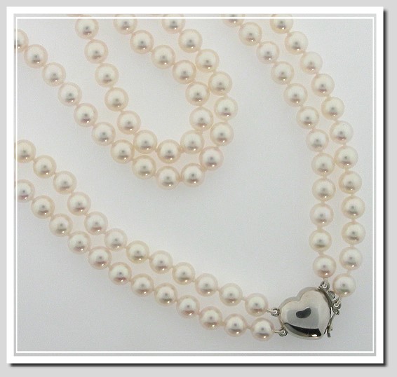 AA 7-7.5MM Akoya Chinese Cultured Pearl Double Strand Necklace 14K Heart Clasp 17+18in.