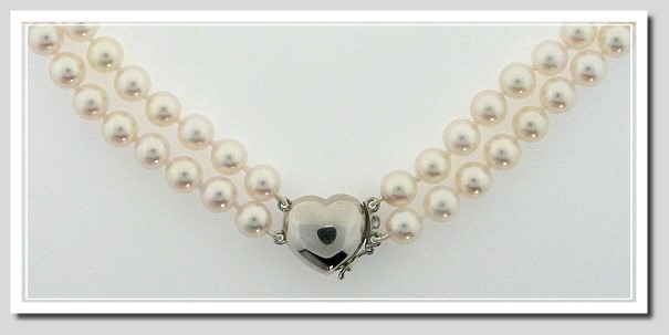AA 7-7.5MM Akoya Chinese Cultured Pearl Double Strand Necklace 14K Heart Clasp 17+18in.
