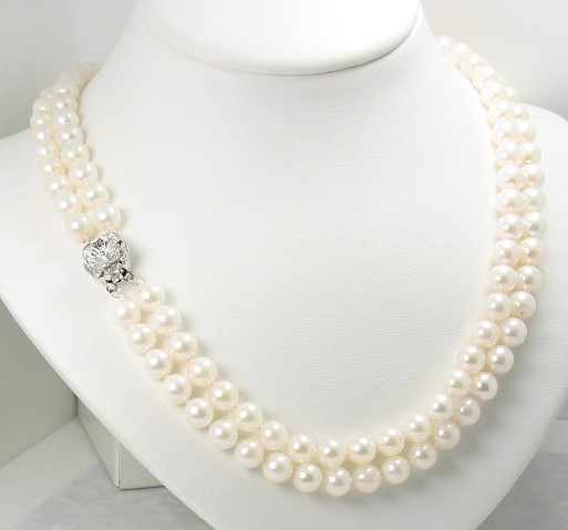 AA 6.5-7MM Double Strand White Chinese Akoya Pearl Necklace; Silver Clasp; 16+17in