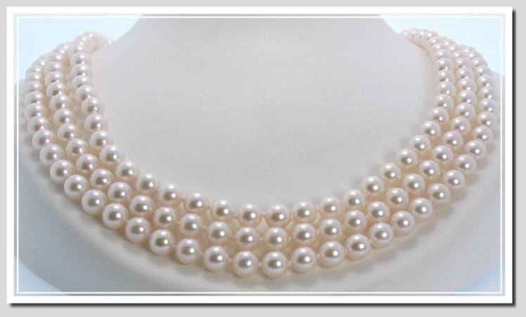 AA+ 6-6.5MM Akoya Pearl Tri Strand Necklace 14K Clasp 16+17+18in.