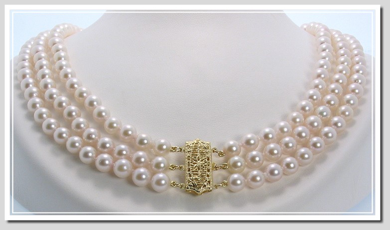 AA+ 6-6.5MM Akoya Pearl Tri Strand Necklace 14K Clasp 16+17+18in.