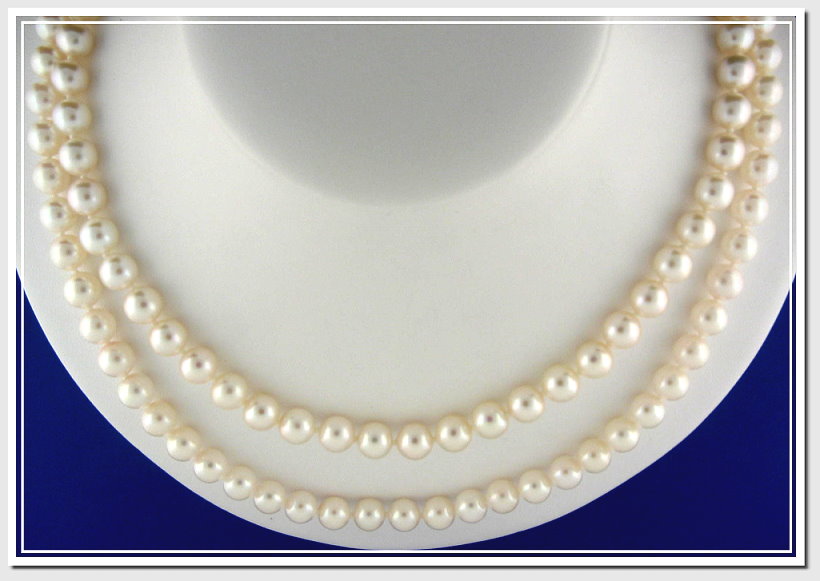 AA Grade 7-7.5MM Akoya Cultured Pearl 2 St. Necklace w/14K Clasp, 19+21 In.