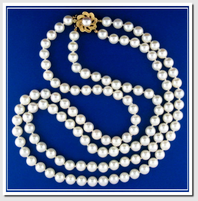 AA Grade 7-7.5MM Akoya Cultured Pearl 2 St. Necklace w/14K Clasp, 19+21 In.