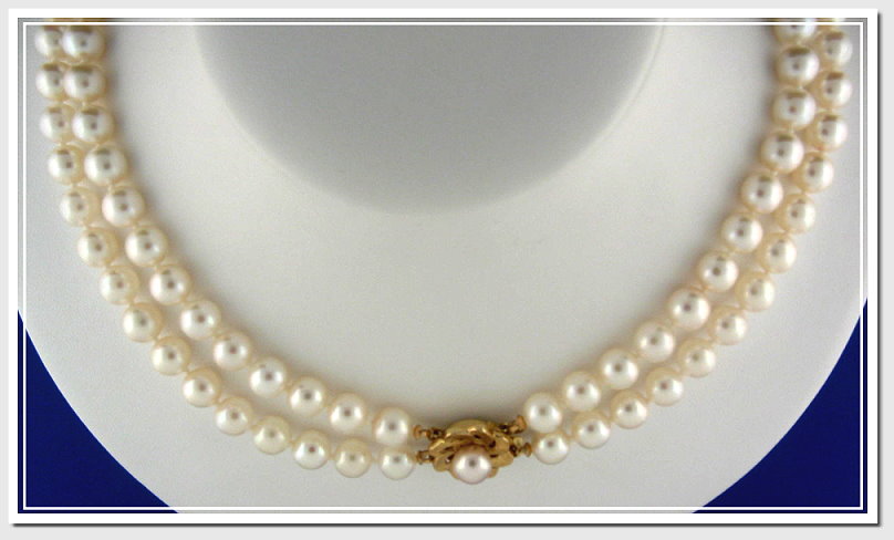 AA Grade 7-7.5MM Akoya Cultured Pearl 2 St. Necklace w/14K Clasp, 19+21 In.
