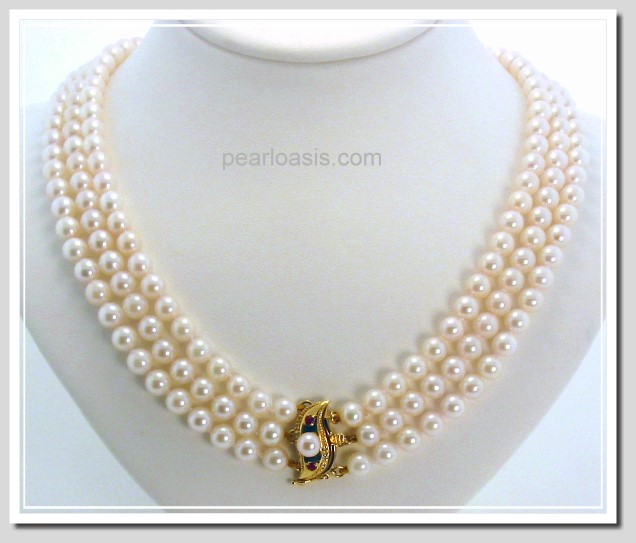 AA+ Grade Tri Str. 5.5-6MM White Akoya Pearl Necklace 14K Ruby Clasp 16-18in.
