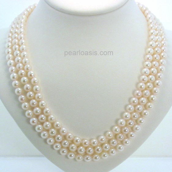 AA+ Grade Tri Str. 5.5-6MM White Akoya Pearl Necklace 14K Ruby Clasp 16-18in.
