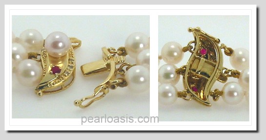 AA+ Grade Tri Str. 5.5-6MM White Akoya Pearl Necklace 14K Ruby Clasp 16-18in.