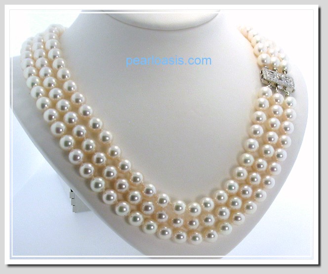 AAA+ Grade Triple Str. 7.5-8MM White Japanese Akoya Cultured Pearl Necklace w/14K Diamond Clasp, 18+19+20 In.