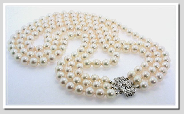 AAA+ Grade Triple Str. 7.5-8MM White Japanese Akoya Cultured Pearl Necklace w/14K Diamond Clasp, 18+19+20 In.