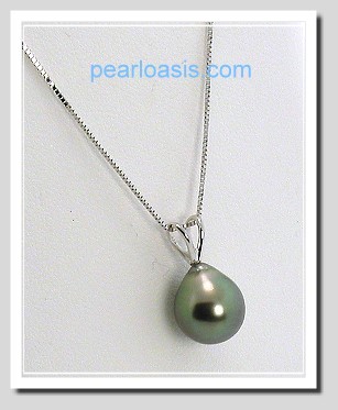 9.4X10.3MM Dark Gray Tahitian Pearl Drop Pendant w/Chain 16in 14K White Gold