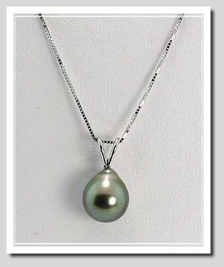 9.4X10.3MM Dark Gray Tahitian Pearl Drop Pendant w/Chain 16in 14K White Gold