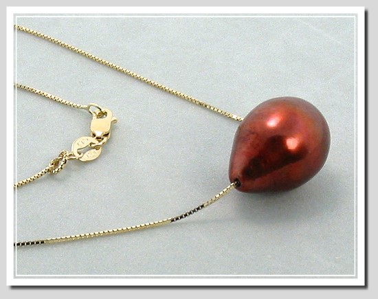 11X14MM Chocolate Brown Freshwater Pearl Solitaire Floating Necklace 14K Yellow Gold 18in.