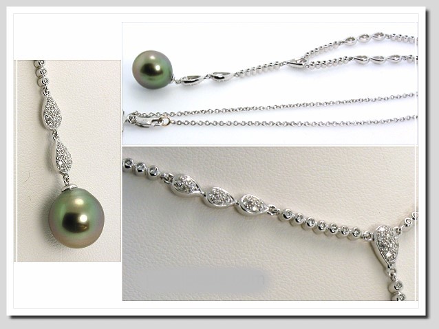 11.3X12MM Gray/Green Tahitian Pearl Diamond Pendant Necklace 14K Gold 16in
