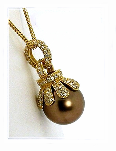 11.2MM Chocolate Tahitian Pearl Diamond Pendant w/Chain 18K Gold 16in