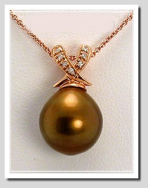 12MM Chocolate Tahitian Pearl Diamond Pendant w/Chain 14K Gold 16in