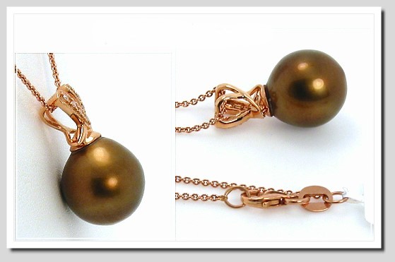 12MM Chocolate Tahitian Pearl Diamond Pendant w/Chain 14K Gold 16in