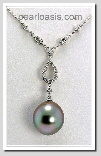 11.8X13MM Gray Tahitian Pearl Diamond Pendant Necklace 18K Gold 16in