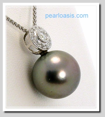 12.62MM Gray Tahitian Pearl Diamond Pendant Slide 18K White Gold