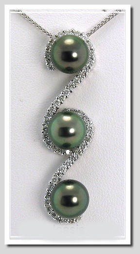 8.8MM Peacock Tahitian Pearl Diamond Pendant w/Chain 18K Gold 16in